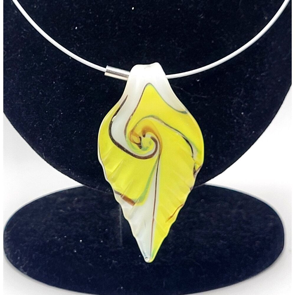 Yellow Blown Glass Leaf Pendant Necklace Abstract Large 16in
